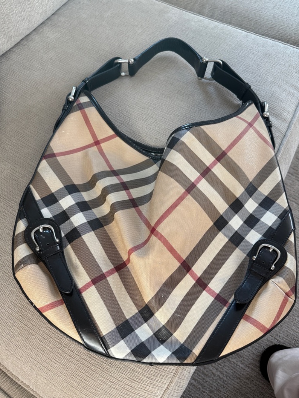 Burberry Beige Plaid Hobo with Black Trim